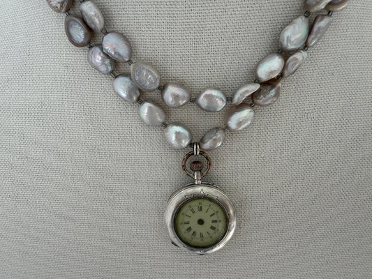 Vintage Sterling Silver Pocket Watch Silver Locket Gray Pearls OOAK.