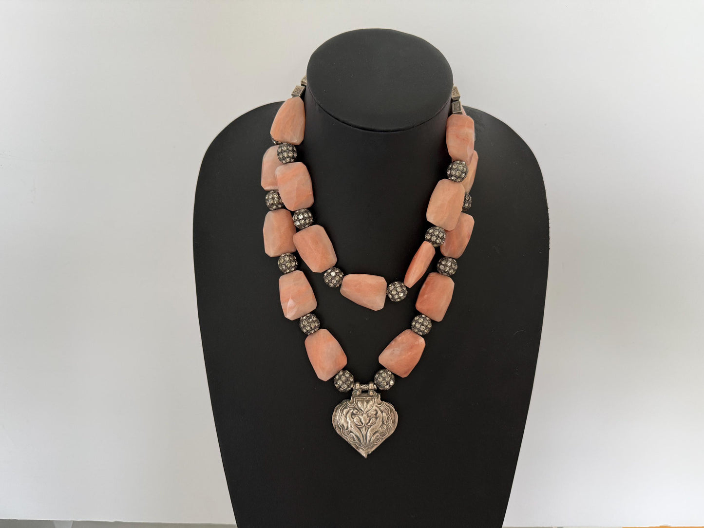 Vintage Tibetan Silver Amulet Pink Adventurine Nuggets Rinestones Double Strand Necklace Chakra Healing.