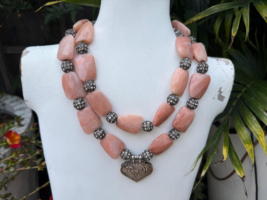 Vintage Tibetan Silver Amulet Pink Adventurine Nuggets Rinestones Double Strand Necklace Chakra Healing.