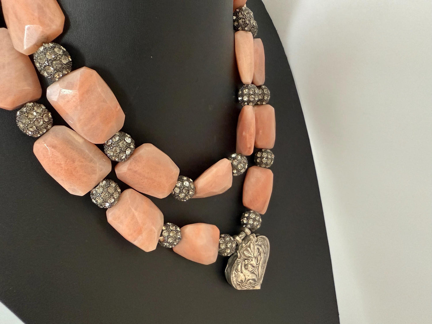 Vintage Tibetan Silver Amulet Pink Adventurine Nuggets Rinestones Double Strand Necklace Chakra Healing.