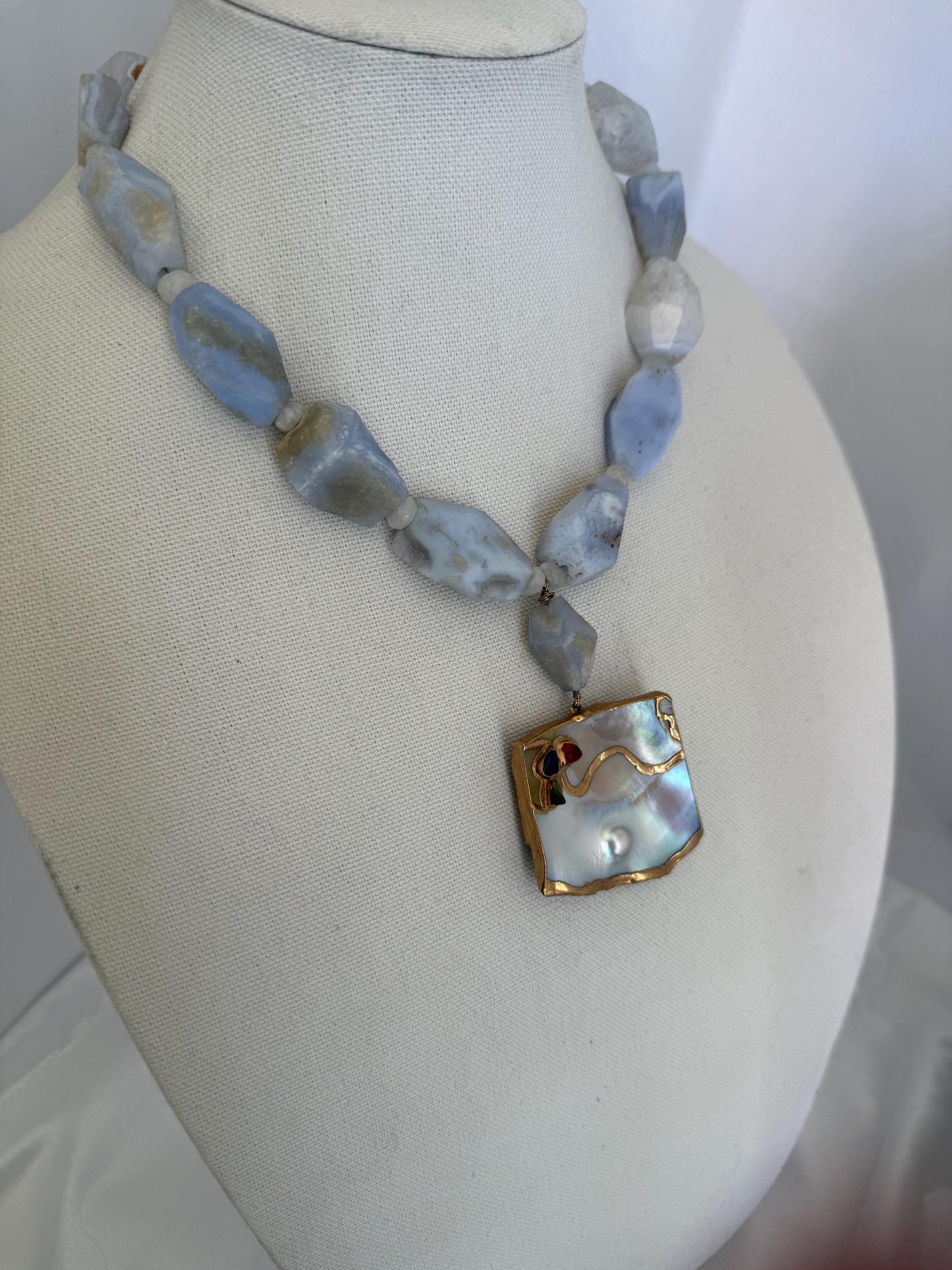 Blue Lace Agate Nugget Necklace. Shell Pendant Necklace Nucleated Pearl.