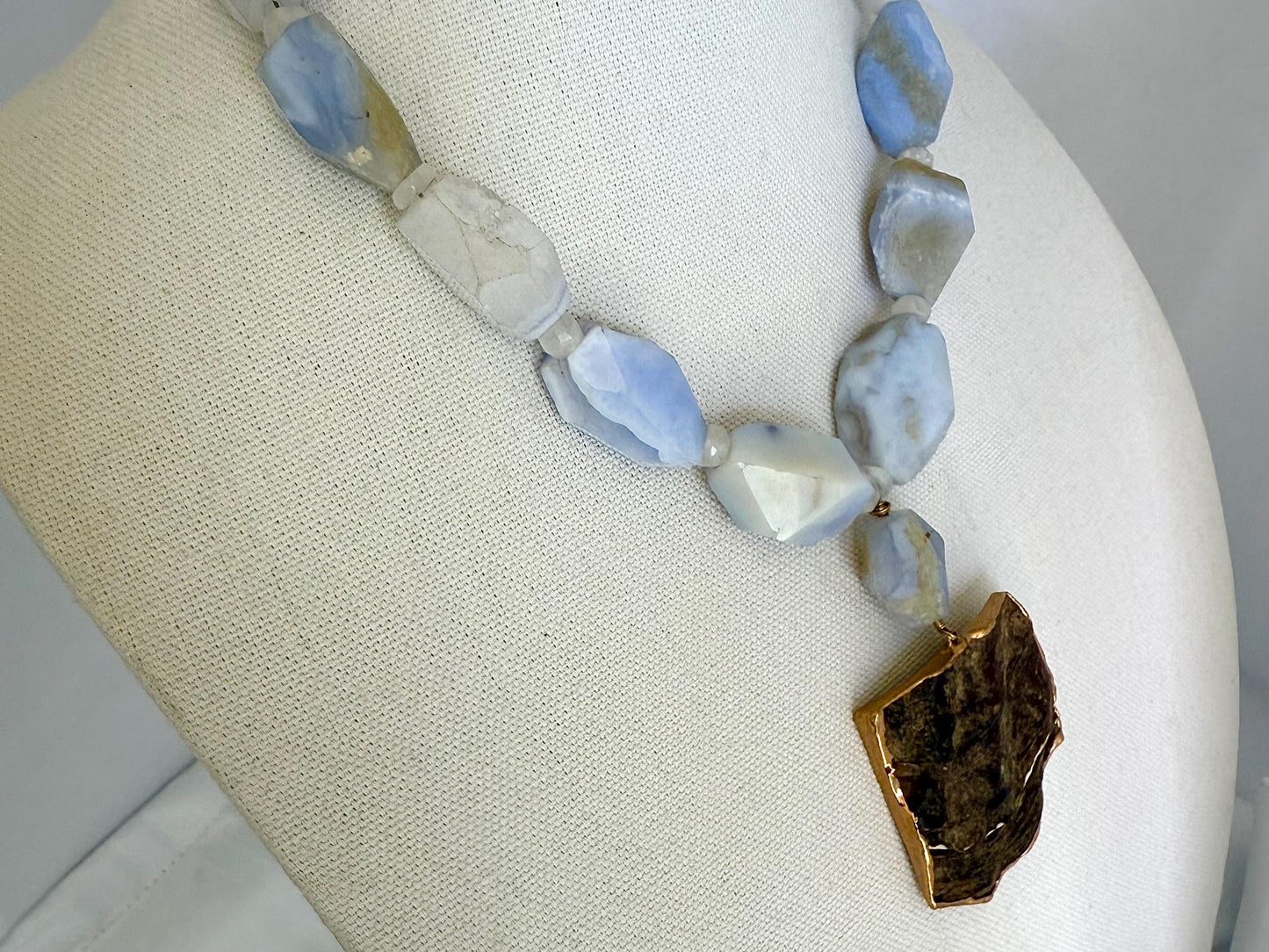 Blue Lace Agate Nugget Necklace. Shell Pendant Necklace Nucleated Pearl.