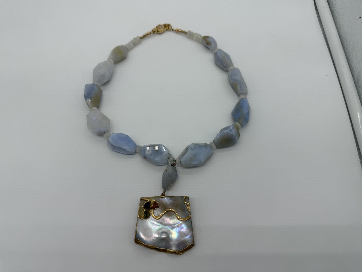 Blue Lace Agate Nugget Necklace. Shell Pendant Necklace Nucleated Pearl.