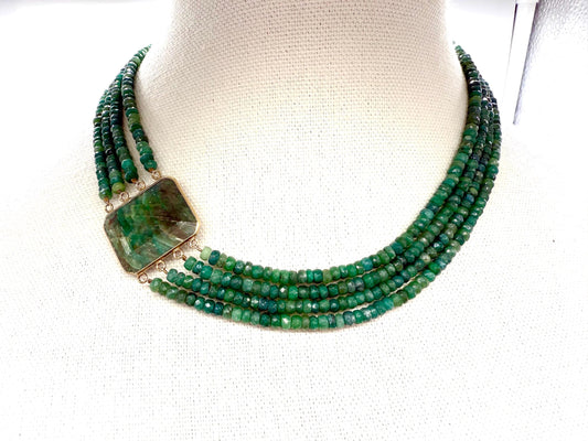 Vintage. Emerald Green Agate Cabochon. Set in Sterling Silver With A Gold Finish. Four strands of green agate.
