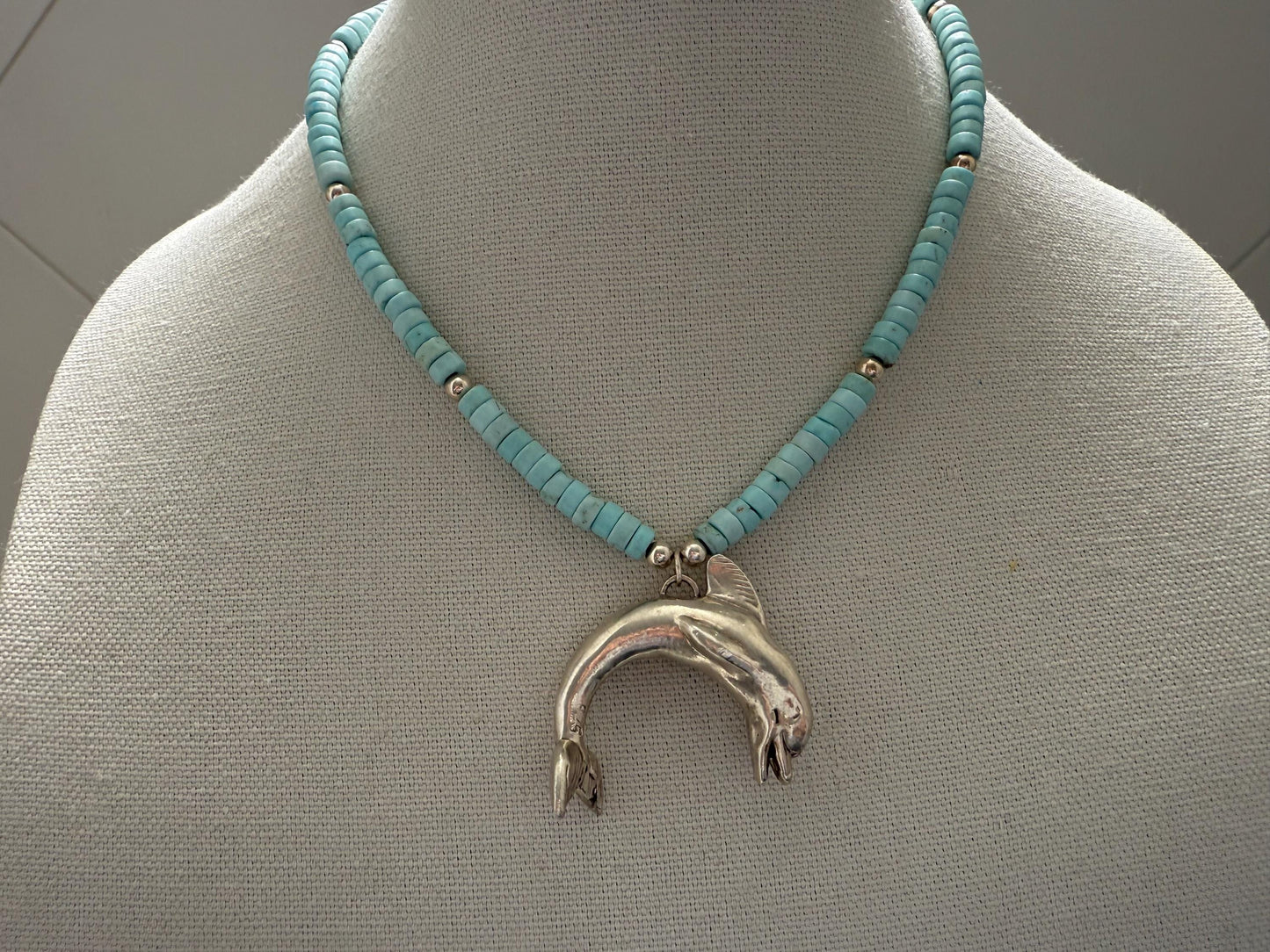 Vintage. Sterling Silver. Dolphin. Handmade Light Blue Turquoise Heishi Necklace.