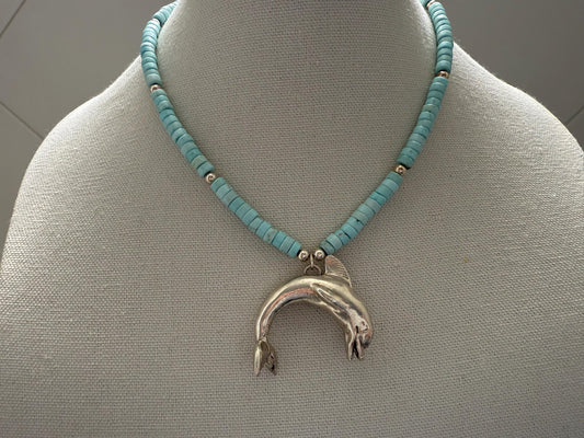 Vintage. Sterling Silver. Dolphin. Handmade Light Blue Turquoise Heishi Necklace.