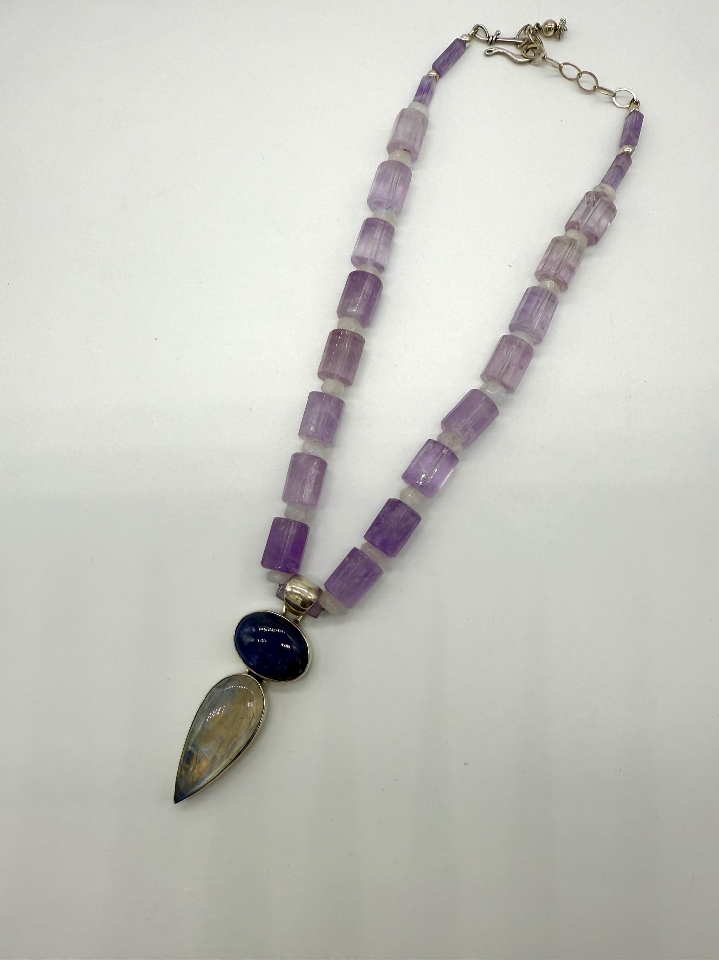 Amethyst Rainbow Moonstone Sterling Silver Pendant Necklace.
