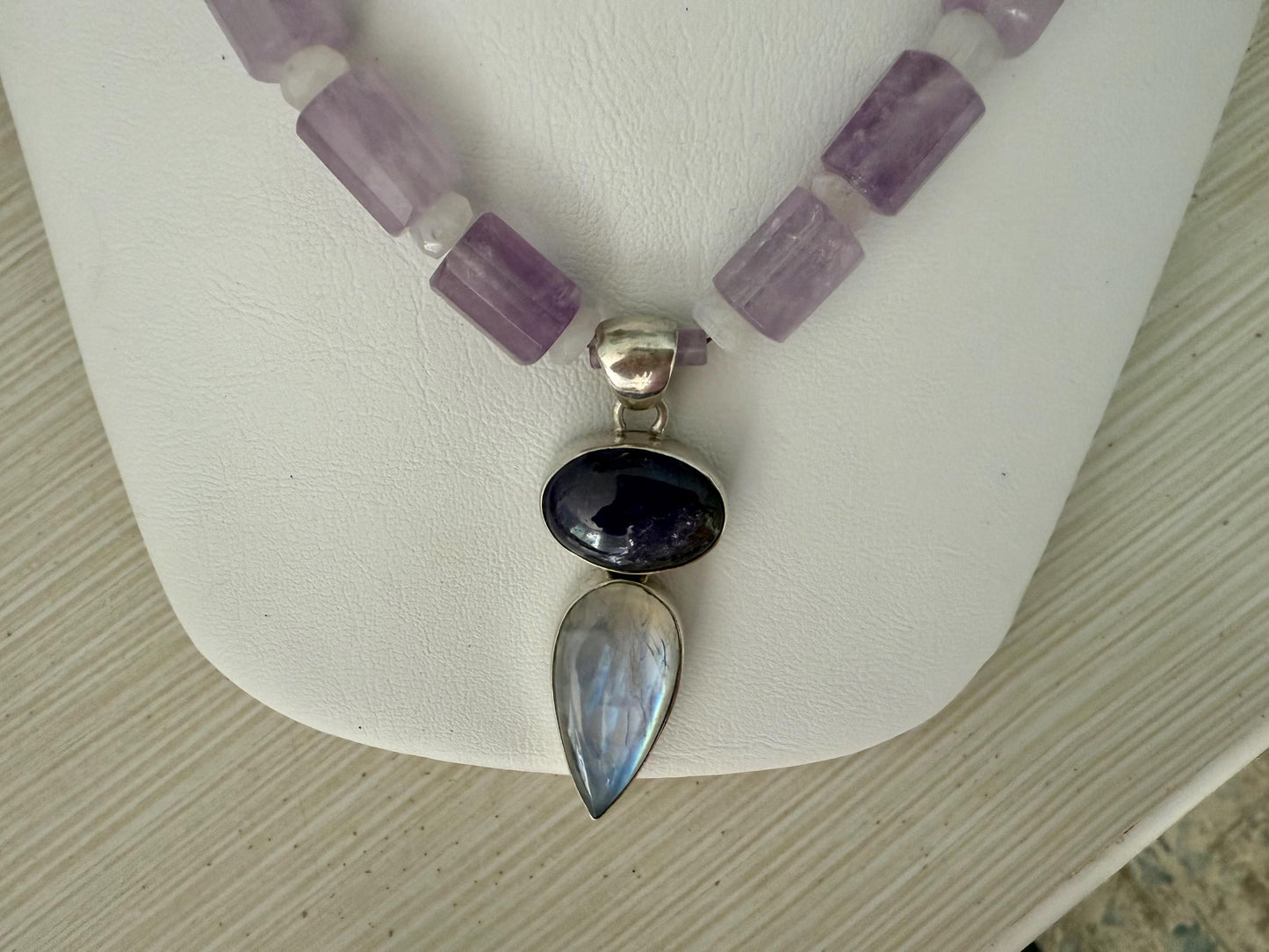 Amethyst Rainbow Moonstone Sterling Silver Pendant Necklace.