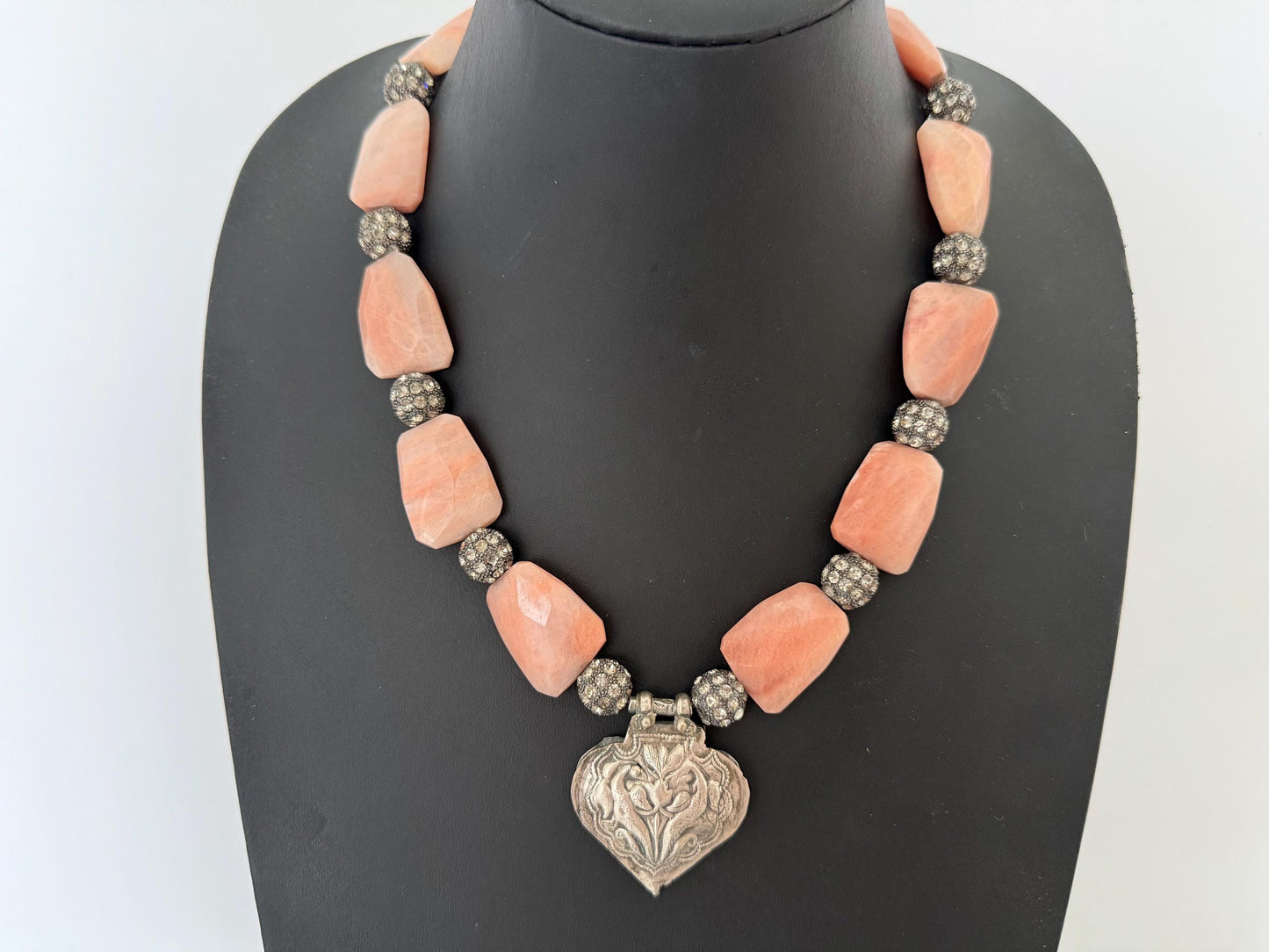 Vintage Tibetan Silver Amulet Pink Adventurine Nuggets Rinestones Double Strand Necklace Chakra Healing.