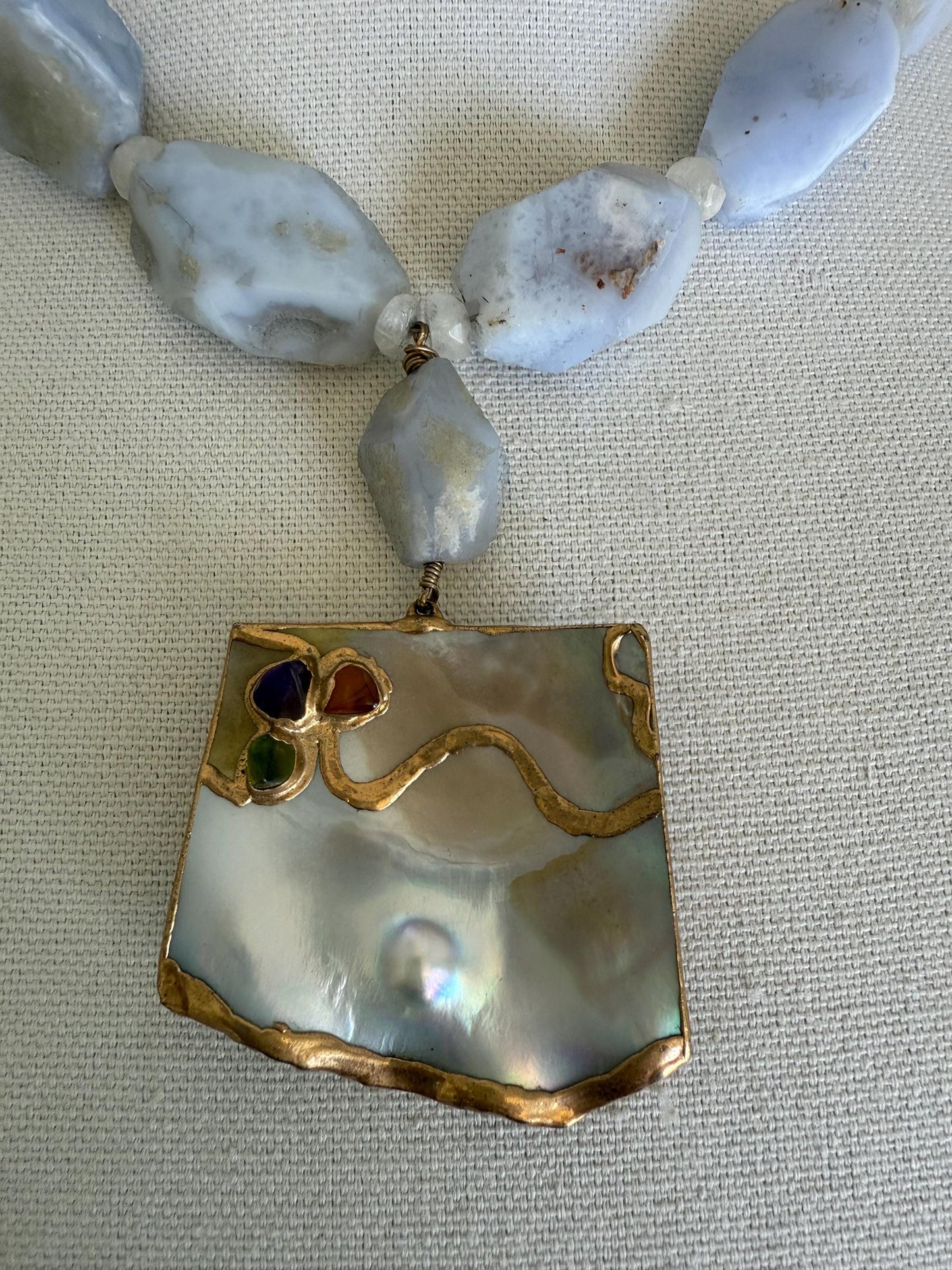 Blue Lace Agate Nugget Necklace. Shell Pendant Necklace Nucleated Pearl.