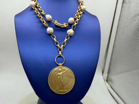 Vintage Gold Tone Liz Claiborne Necklace with Pearls. Whispering Angel Medal 1914- 1919 Necklace