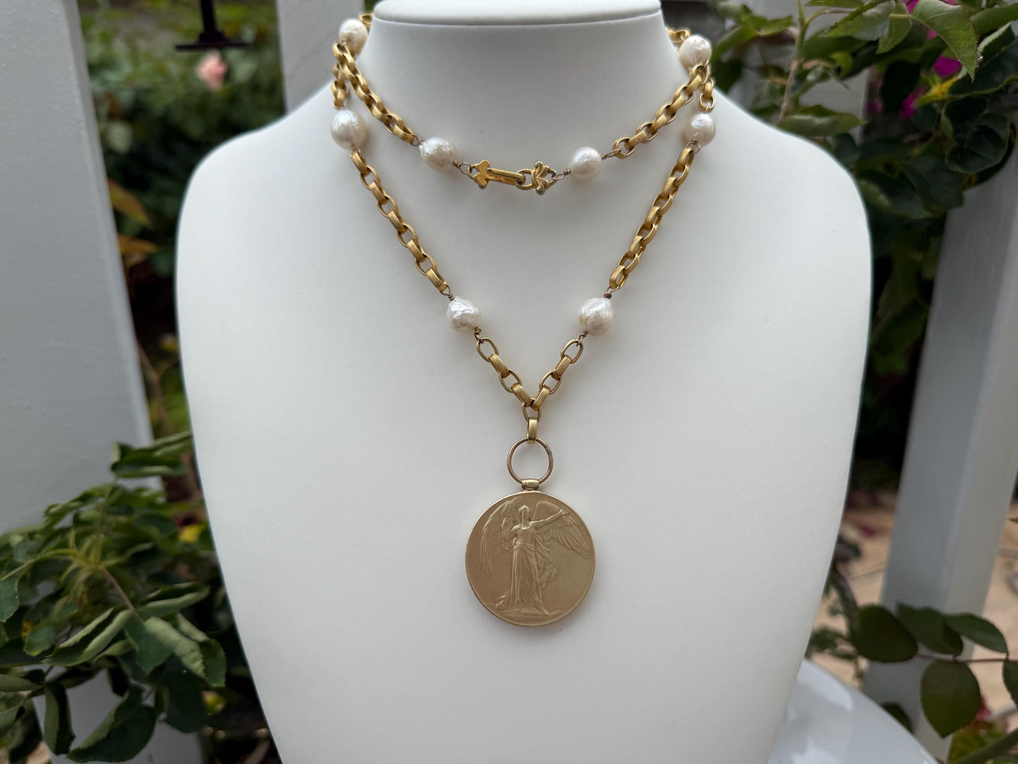 Vintage Gold Tone Liz Claiborne Necklace with Pearls. Whispering Angel Medal 1914- 1919 Necklace