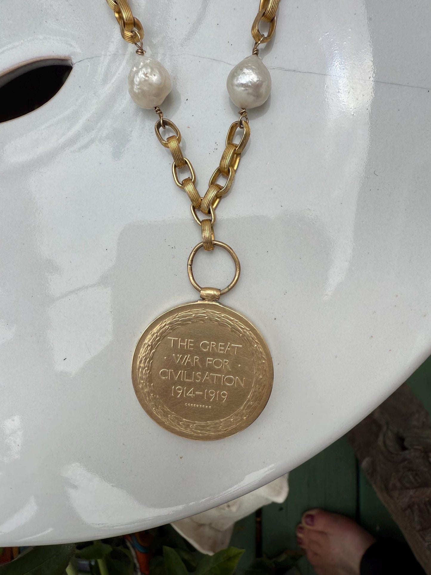 Vintage Gold Tone Liz Claiborne Necklace with Pearls. Whispering Angel Medal 1914- 1919 Necklace