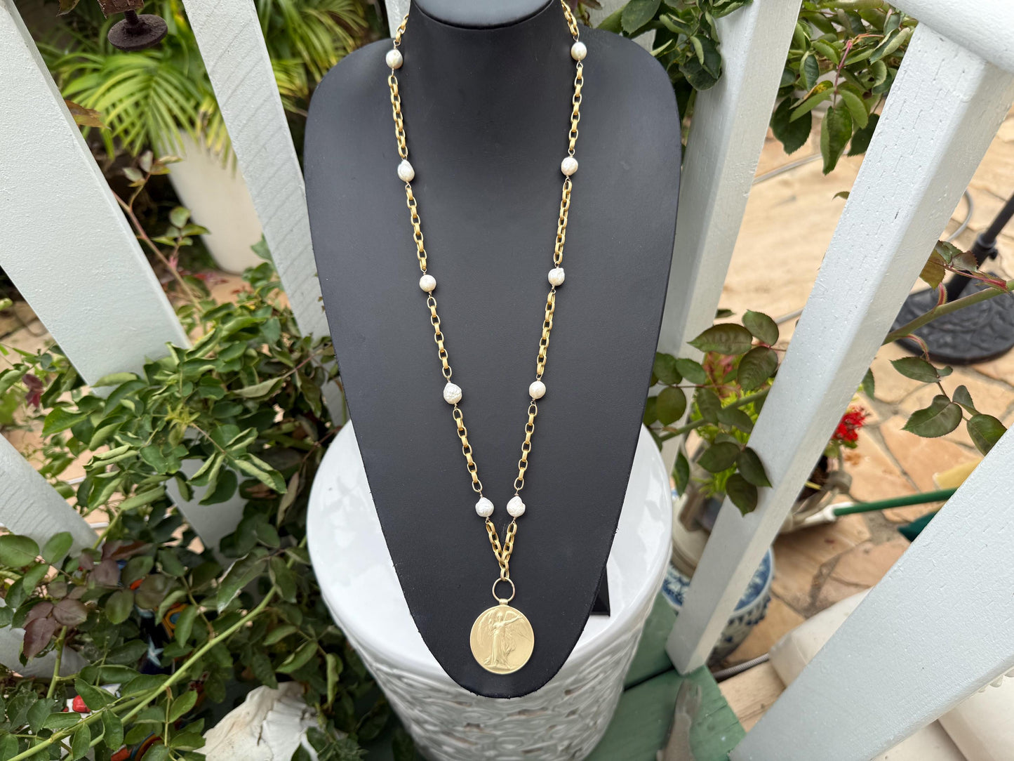 Vintage Gold Tone Liz Claiborne Necklace with Pearls. Whispering Angel Medal 1914- 1919 Necklace