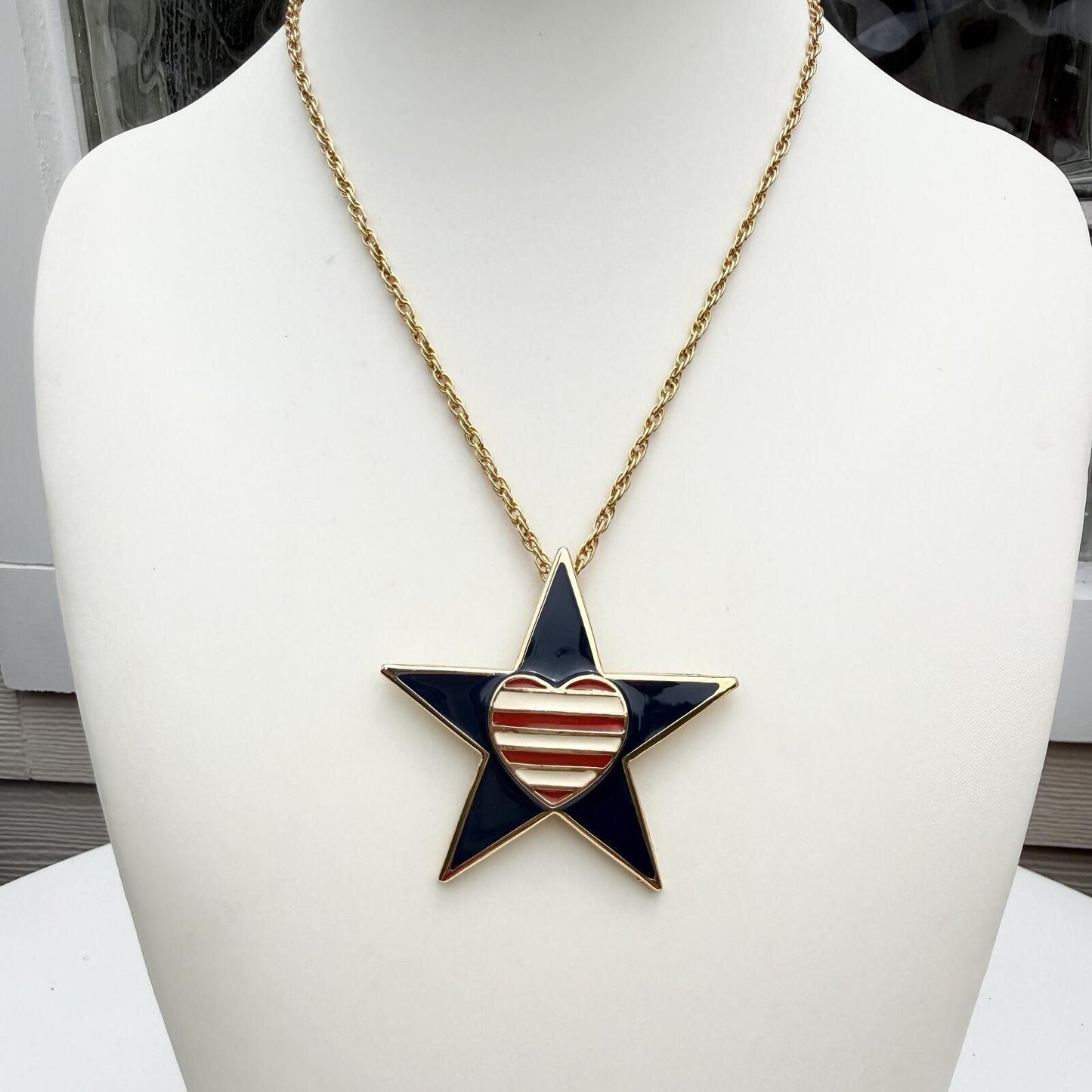 Vintage Signed Rion Patriotic Necklace. Red White Blue Heart and Star.