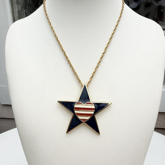 Vintage Signed Rion Patriotic Necklace. Red White Blue Heart and Star.