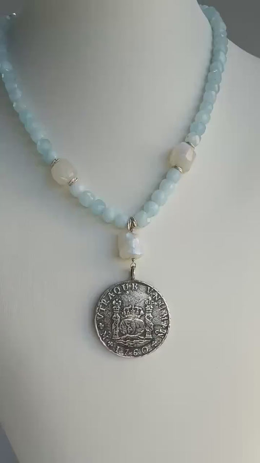 Vintage Spanish Coin Necklace – Blue Jade. Moonstones. Silver Medallion Pendant